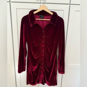 House of Harlow 1960 Dark Red Faux Velvet Button-up Mini Dress